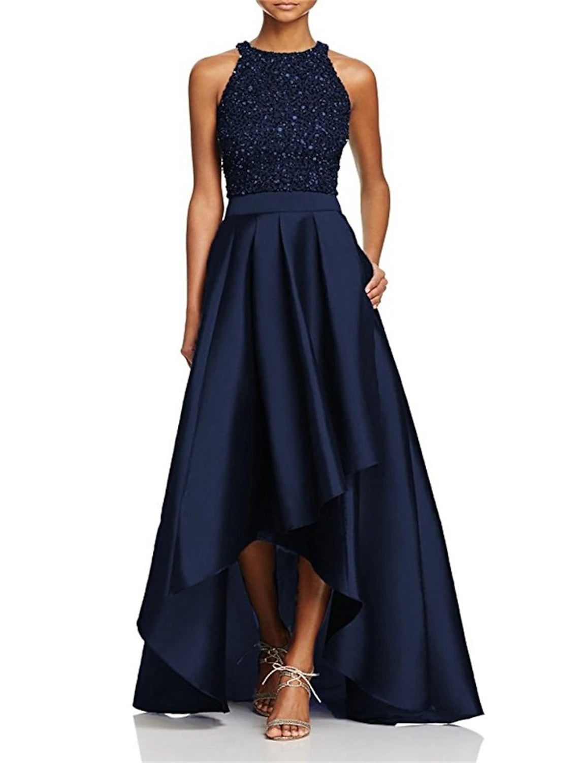 Vestidos de invitada de boda de corte A, vestido negro brillante, vestido de fiesta de talla grande, semiformal, asimétrico, sin mangas, cuello joya, para invitada de boda de otoño, satén